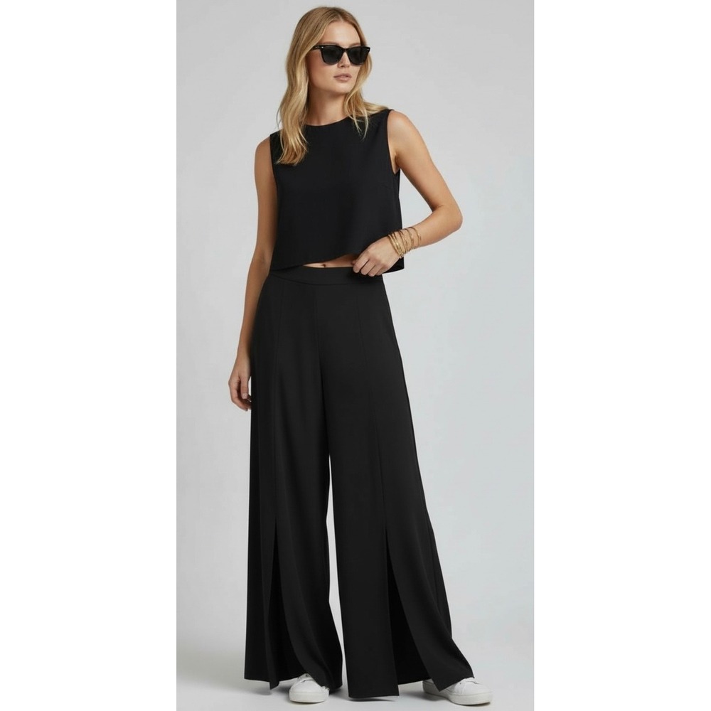Vintage SCORPIO Black Size 8 Wide Leg Palazzo Pants Side Slit Sheer Overlay